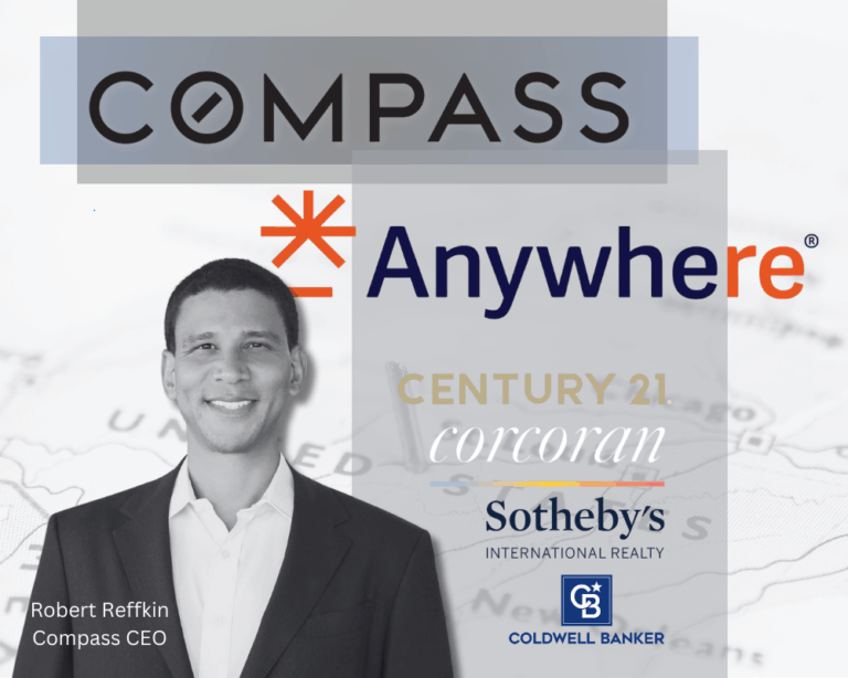 “Compass CEO Robert Reffkin with Compass and Anywhere Real Estate merger logos featuring Coldwell Banker, Century 21, Corcoran, and Sotheby’s International Realty.”